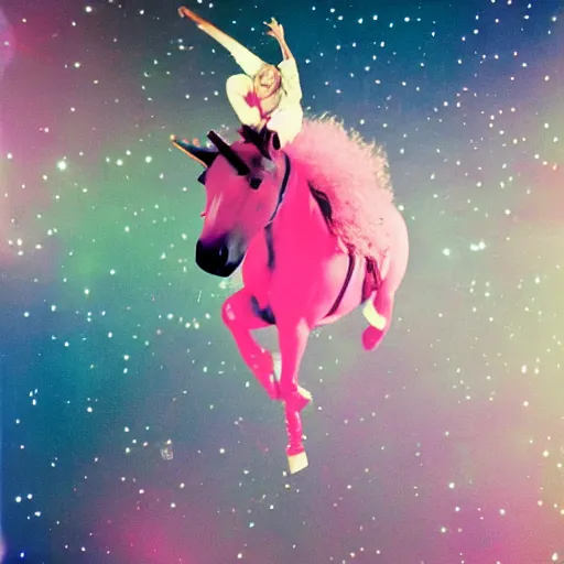 Image similar to justin timberlake riding a pink unicorn in space, cinestill 8 0 0 t, award winning photograph, taken in 1 9 9 9