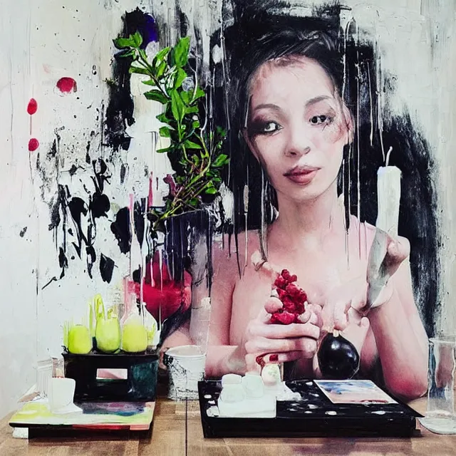 Image similar to “ a portrait in a female art student ’ s apartment, sensual, art supplies, paint tubes, palette knife, pigs, ikebana, herbs, a candle dripping white wax, black walls, squashed berries, berry juice drips, acrylic and spray paint and oilstick on canvas, surrealism, neoexpressionism ”