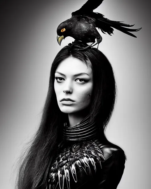 Image similar to a profile portrait, a stunning young woman - cyborg with a mutant crow head, editorial photography, bw, by roman sustov, by hr giger, shot on 7 0 mm, depth of field, f / 2. 8, high contrast, 1 6 k, volumetric lighting, shiny, insanely detailed and intricate, hypermaximalist, elegant, ornate