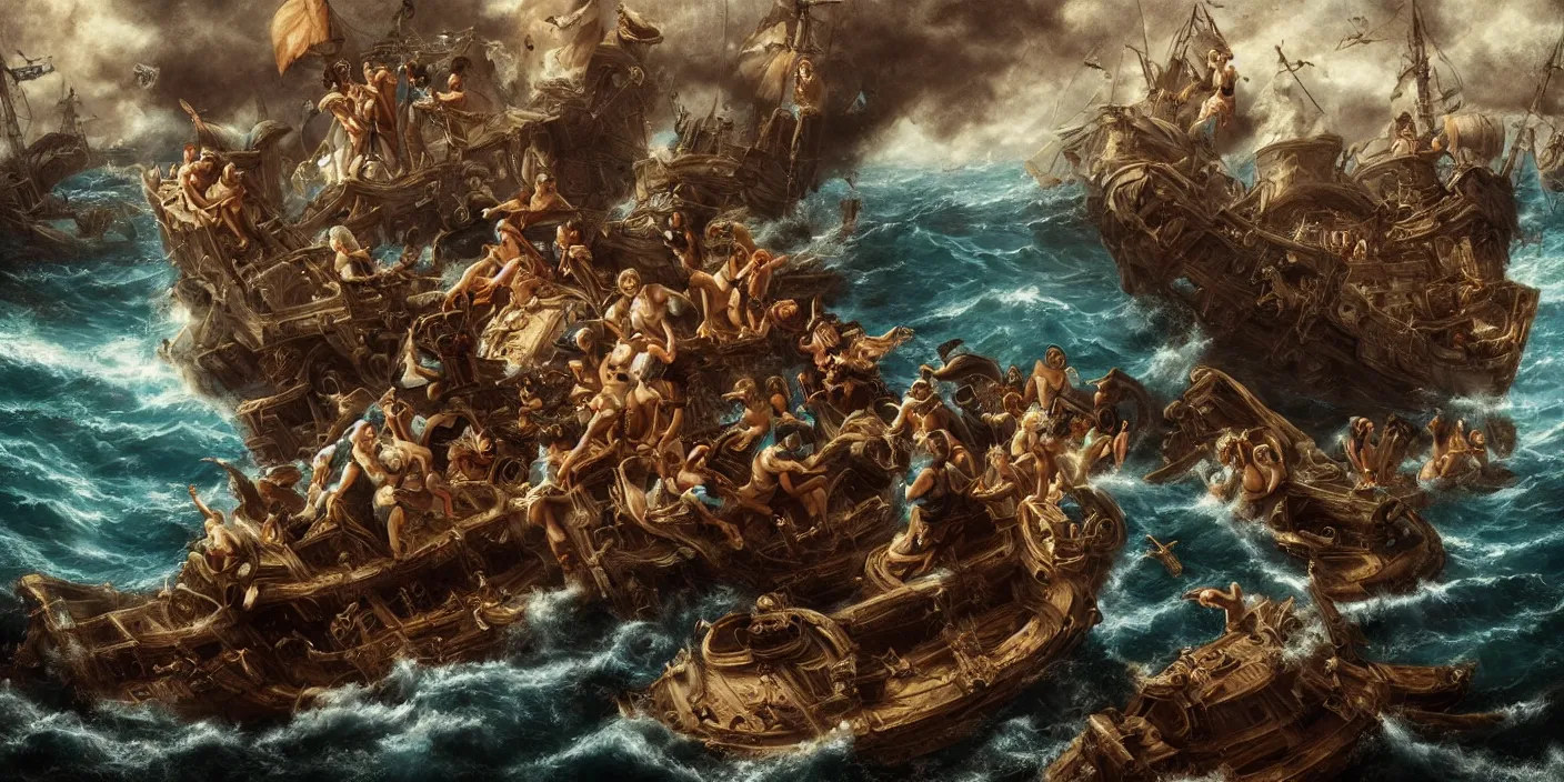 Prompt: “a group of ornate sirens singing pirates to shipwreck, cinematic lighting, detailed oil painting, hyperrealistic, 8k”