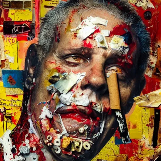 Image similar to hyperrealistic, photorealistic, mixed media oil painting of brother theodore, magazine scraps, plaster, blood, oil, mustard, cigarettes, splatter, trending on artstation, award - winning painting, greg rutkowski, basquiat, ralph steadman, terry gilliam