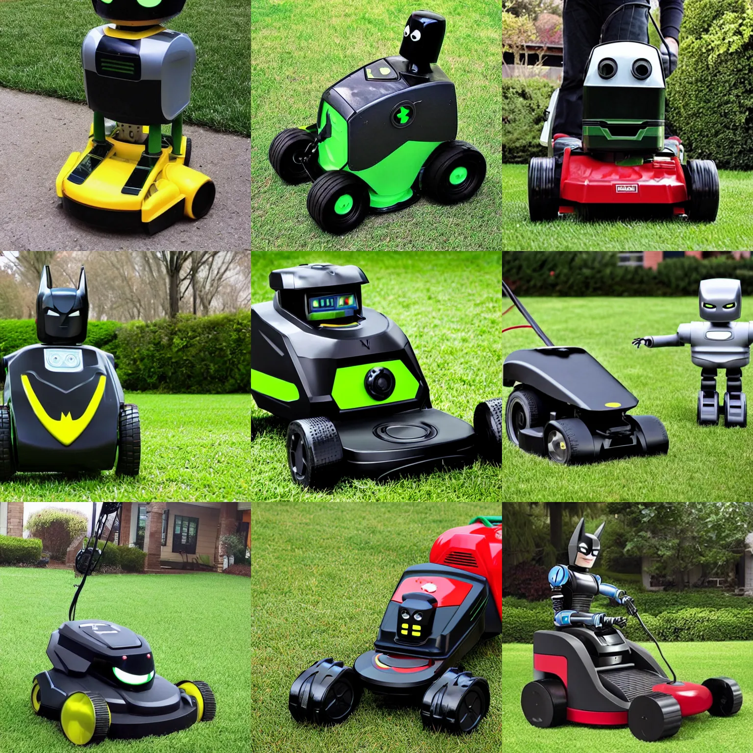 Image similar to a robot lawn mower looking like batman