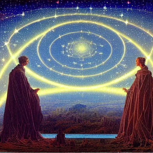 Prompt: the constellation of twinkling stars show a palace in the night sky, Michael Devine, Caspar David Friedrich, spiritual, nebula, romantic, Alex Grey