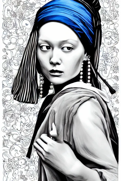 Image similar to beautiful portrait of a woman, negative no not the girl with a pearl earring, highly detailed ink illustration, b & w clean shaped illustration by kim jung gi, ric estrada, ron english and eiichiro oda