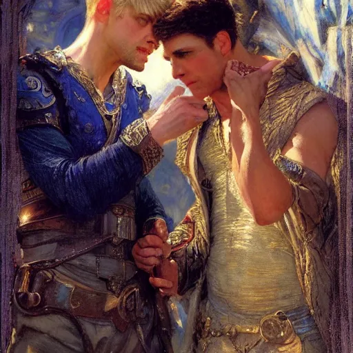 Image similar to attractive arthur pendragon confesses his love to attractive male merlin. highly detailed painting by gaston bussiere, craig mullins, j. c. leyendecker 8 k