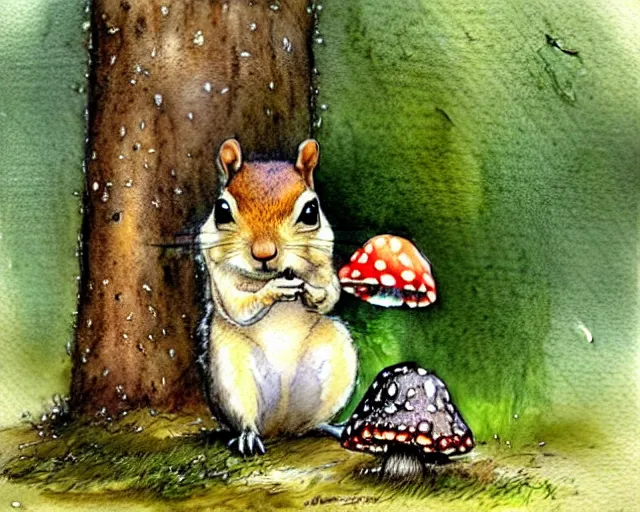 Image similar to a cute little squirrel standing under a huge mushroom, hiding from the rain, watercolor painting by jean - baptiste monge, muted colors