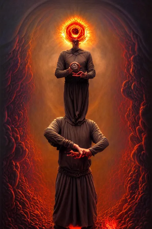 Prompt: The Software Developer, tarot card, by tomasz alen kopera and Justin Gerard, computer nerd, matrix text, thinkpad, hackerman, symmetrical features, ominous, magical realism, texture, intricate, ornate, royally decorated, whirling red smoke, embers, radiant colors, fantasy, trending on artstation, volumetric lighting, micro details, 3d sculpture, ray tracing, 8k, anaglyph effect