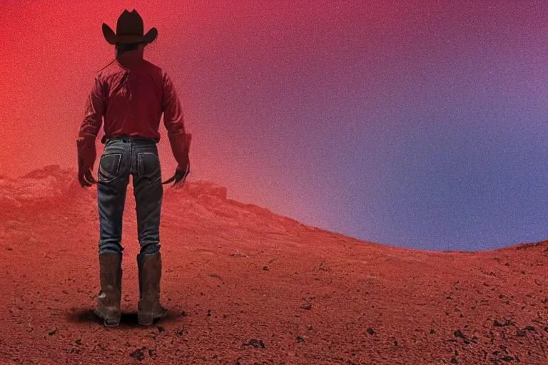 Image similar to Long shot of an old western cowboy riding a horse on mars looking at camera, distant background, red lighting, ominous, gloomy, moonlight, bokeh, depth of field, synthwave, psychedelic, glitch, acrylic, flooko, detailed, cybernetic, sci-fi, glows,