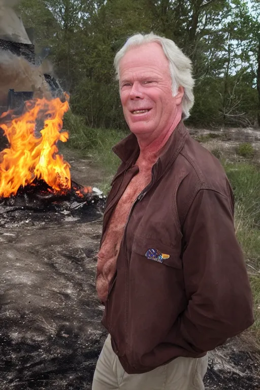 Prompt: kevin tighe floating above a fire laughing