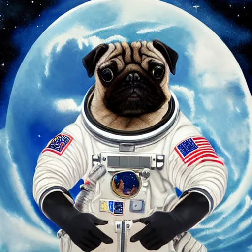 Image similar to hyper realistic, highly detailed, astronaut pug in space.