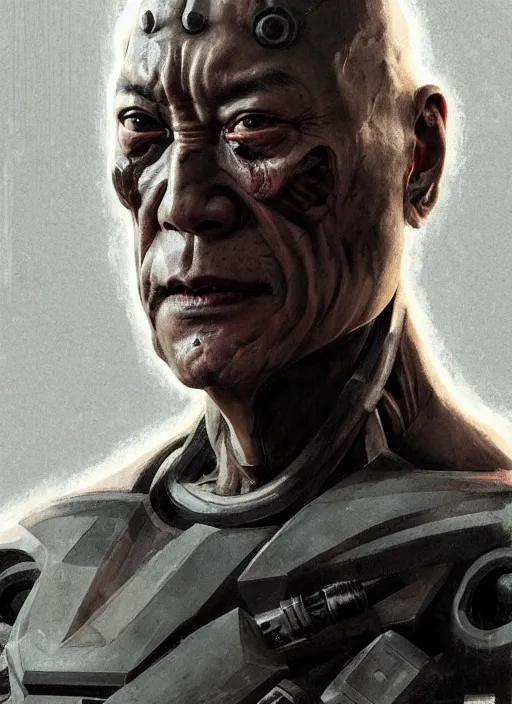 Image similar to cary - hiroyuki tagawa as victor stone, full body concept, cyborg, borg, strogg, face of a man, terminator, flesh, quake strogg, doom demon, wolfenstein, monstrous, powerful, symmetry, symmetrical, concept art by ruan jia and greg rutkowski