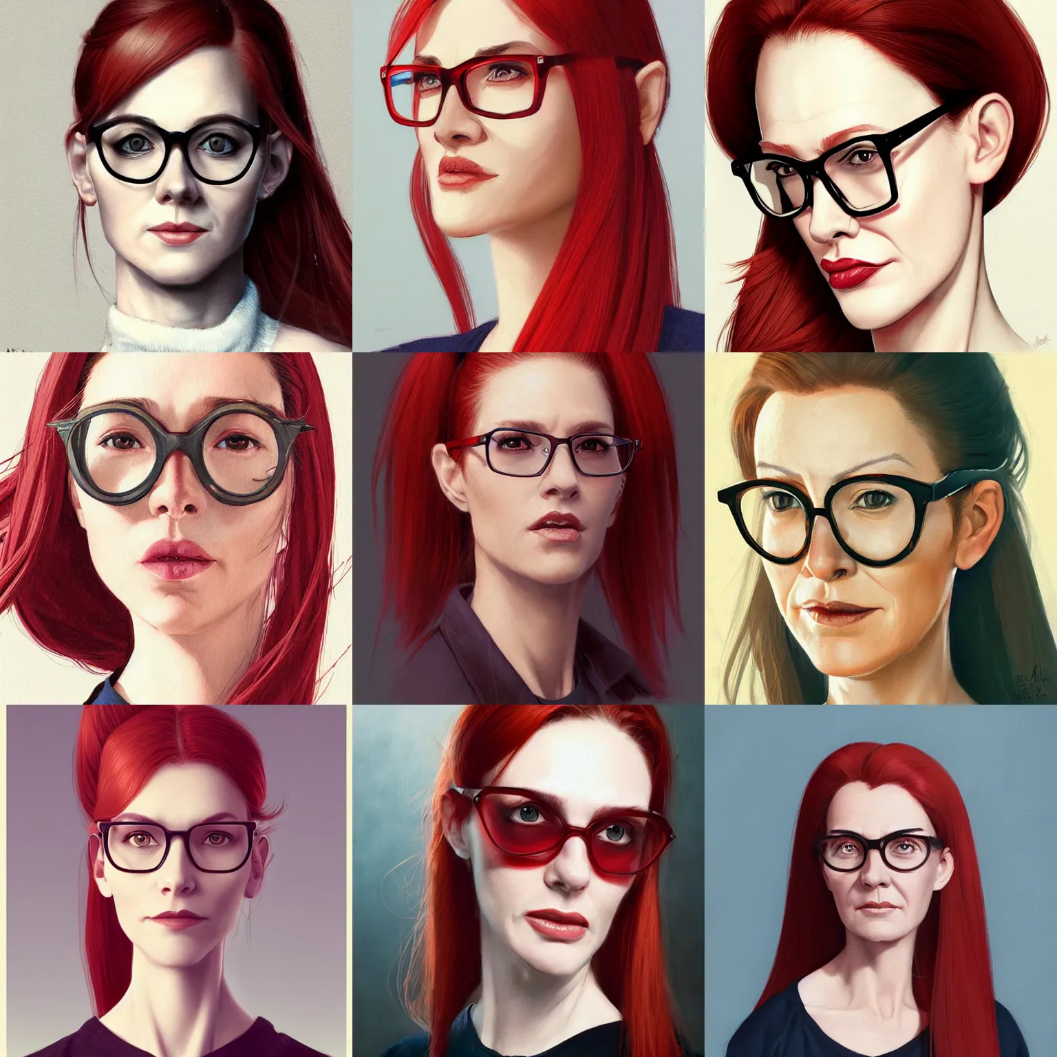 Prompt: portrait of a middle - aged woman, red hair, ponytail ponytail, angular asymmetrical face, tall nose, thin lips, wearing round glasses, round frames, art by artgerm and by greg rutkowski