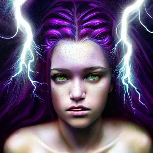 Image similar to detailed photo portrait of a furious teen girl with thin, hair-like purple tentacles on her head and bright purple eyes, 8k,by tristan eaton, Stanley Artgermm,Tom Bagshaw,Greg Rutkowski,Carne Griffiths,trending on DeviantArt, face enhance,hyper detailed ,full of colour, dramatic lightning