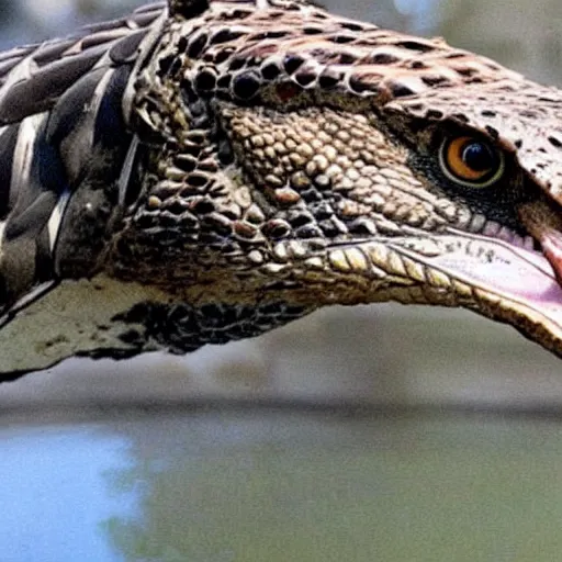 Image similar to hawk and crocodile morphed together, half crocodile, half hawk, real picture taken in zoo, realistic hawk proportions, head of crocodile is seamlessly merged with hawk