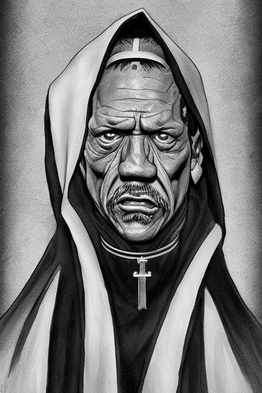 Prompt: portrait of Danny Trejo as church nun, highly detailed, artstation, manga illustration by Kentaro Miura berserk