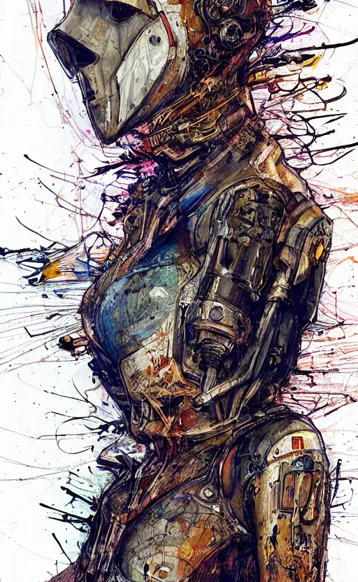 Image similar to woman wearing gown made of mech mask rendered in unreal engine, cyberpunk, rave, scifi, painted by albrecht durer | bernard buffet | carne griffiths | wlop