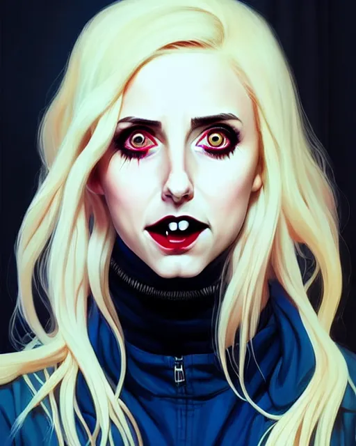 Image similar to loish, artgerm, Joshua Middleton art, pretty female Alison Brie serial killer holding bloody knife, blood on clothes and face, sarcastic smile, symmetrical eyes, symmetrical face, full body, jean jacket, jeans, short blonde hair, middle shot, night time, deep blacks