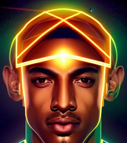 Image similar to symmetry!! egyptian prince of technology, solid cube of light, hard edges, product render retro - futuristic poster scifi, lasers and neon circuits, brown skin man egyptian prince, intricate, elegant, highly detailed, digital painting, artstation, concept art, smooth, sharp focus, illustration, dreamlike, art by artgerm