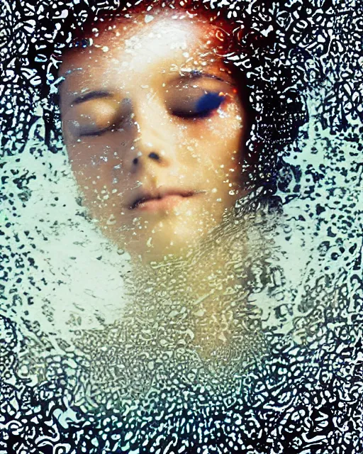 Prompt: oversaturated, burned, light leak, expired film, photo of a woman's serene face submerged in a flowery milkbath, rippling liquid, vintage glow, sun rays, black and white, glitched pattern, 2 0 0 0 s japanese advertisement