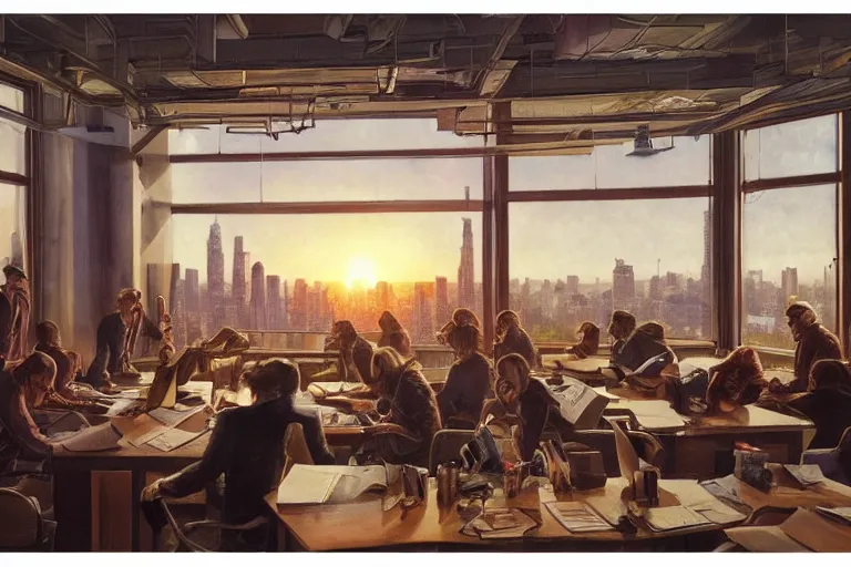 Prompt: employees as monkeys setting on glorious meeting room, papers scattered on the table, sunset, building and skyline showing from windows, fine art, artstation, matte painting, masterpiece by vasnetsov