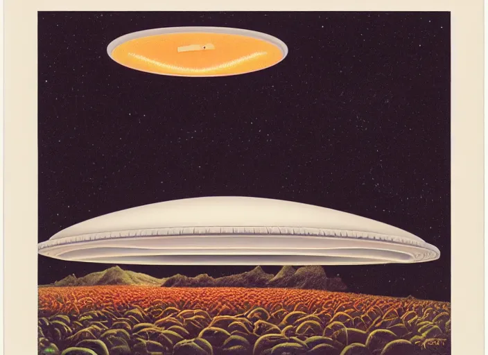 Image similar to ufo flying saucer space ship landing in field of spaghetti and meatballs, albumen silver print by timothy h. o'sullivan ralph mcquarrie