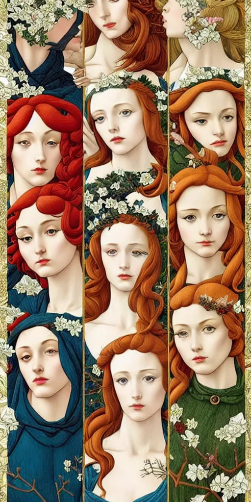 Image similar to the 12 months of the year as 12 figures, (3 are Winter, 3 are Spring, 3 are Summer and 3 are Autumn), in a mixed style of Botticelli and Æon Flux!!, inspired by pre-raphaelite paintings and shoujo manga, stunningly detailed, stunning inking lines, flat colors, 4K photorealistic