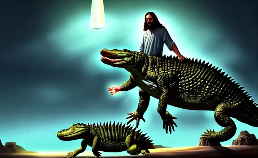 Image similar to jesus rides an aligator, cinematic, fantasy, hyper detailed, digital painting, 4 k realistic, trending on artstation, sharp focus, john banovich, photographer art wolfe, light source on left