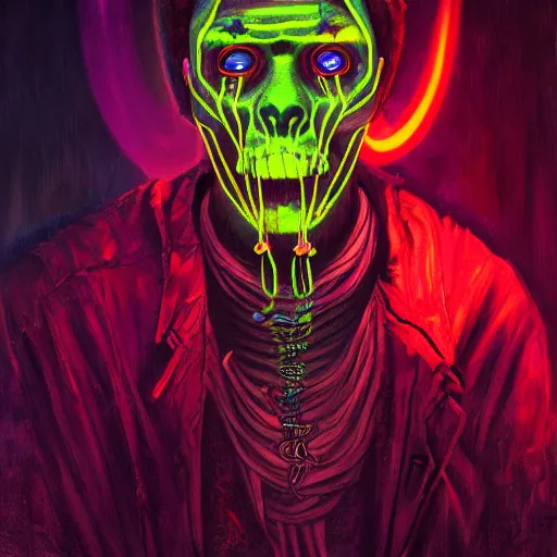 Image similar to a death tarot featuring a haitian voodoo priest with menacing eyes, blacklight neon colors, by anton semenov and android jones in cyberpunk voodoo style, oil on canvas, 8k