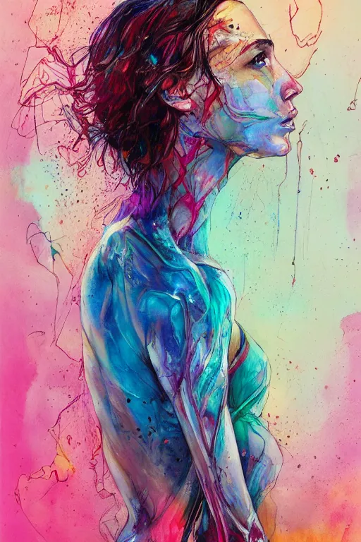 Image similar to gal gadot by agnes cecile enki bilal moebius, intricated details, 3 / 4 back view, full body portrait, extremely luminous bright design, pastel colours, drips, autumn lights