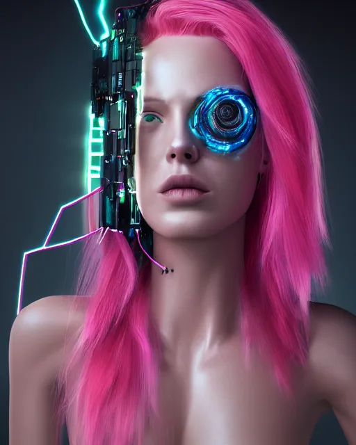 Image similar to portrait of a beautiful australian woman with pink hair as a cyberpunk cyborg half robot, revealing wires and electronics, sci - fi, missing panels, intricate abstract upper body intricate artwork, concept art, octane render, deviantart, cinematic, key art, hyperrealism, iridescent accents, portrait photograph, nikon 3 5 mm, photograph by greg rutkowski