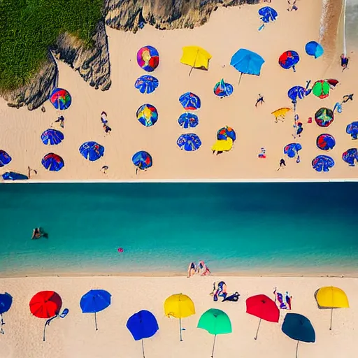 Image similar to photograph beachscapes from an almost perpendicular angle, Aerial view of sandy beach with umbrellas and sea, Aerial of a crowded sandy beach with colourful umbrellas, sun bathers and swimmers during summer, by Tommy Clarke