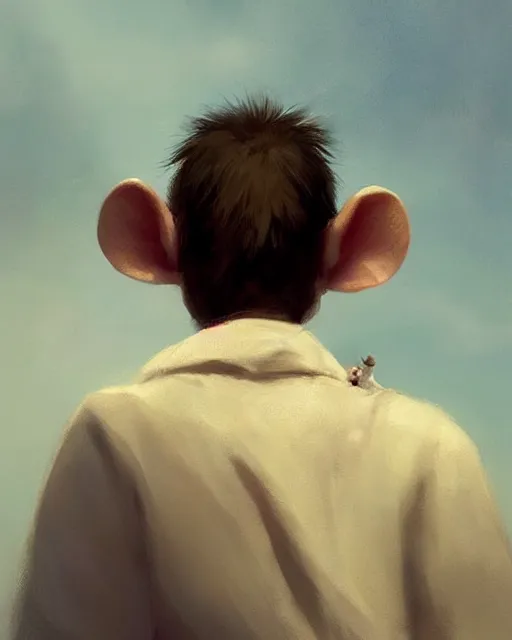 Image similar to viewed from behind, over the shoulder, a cute mouse looks upwards, viewed from behind, digital portrait by greg rutkowski, fantasy art, concept art, by disney concept artists, cinematic lighting, evening light, trending on artstation, cgsociety