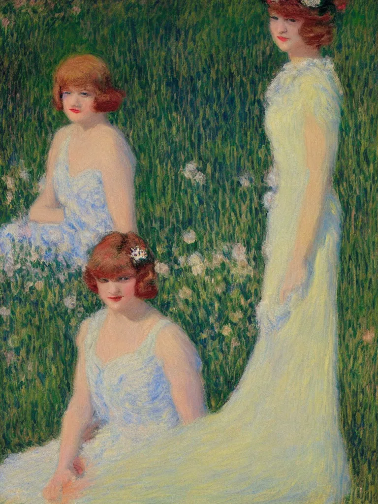 Prompt: portrait of < zelda fitzgerald > as a beautiful young lady, in the sun, slim, out of focus, pleinairism, backlit, closeup, oil on canvas, atr by monet, in the style of le promenade, smooth, impressionnisme, 8 k