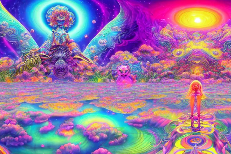 Image similar to a psychedelic realm at the edge of existence where intensely creative astral beings exist, in the style of WLOP, lisa frank, and masashi kishimoto, illustration, epic, fantasy, hyper detailed, smooth, unreal engine, sharp focus, ray tracing