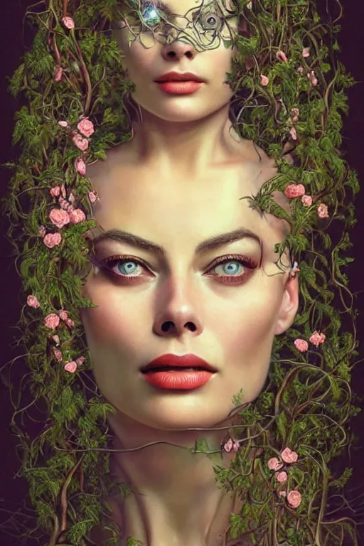 Image similar to a beautiful ultradetailed vintage photo of margot robbie as a cybernetic cyborg, by tom bagshaw and natalie shau, portrait, vignette, 3 5 mm lens, golden ratio composition, detailed faces, studio photography, very detailed, robot overgrown with flowery vines, artstation, 8 k, highly coherent