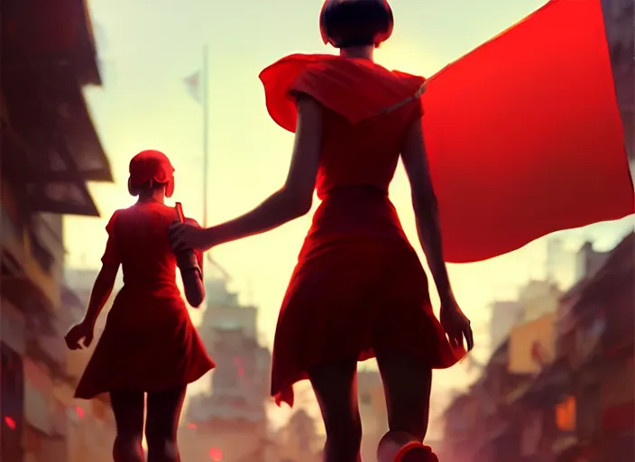 Image similar to glowing girl carrying a red propaganda flag walking through poor district, DSLR 85mm, by Craig Mullins, ilya kuvshinov, krenz cushart, artgerm, Unreal Engine 5, Lumen, Nanite