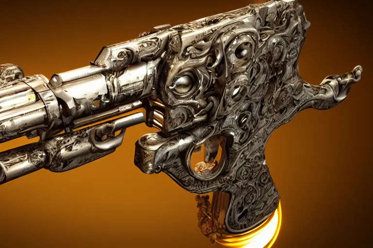 Prompt: a bionical revolver made from the rotten flesh and bones, perfect studio light, hypnotic, mind - bending, incomprehensible, 8 k, 3 0 mm lens, epic studio shot, ultra detailed, object photoshooting, octane render