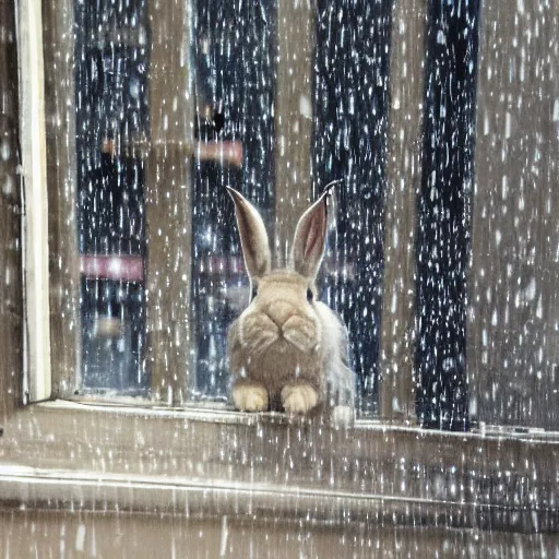 Prompt: a rabbit sits in a window, in paris, it's raining outside, there's raindrops on the window, The eiffel tower is visible out the window, it's evening