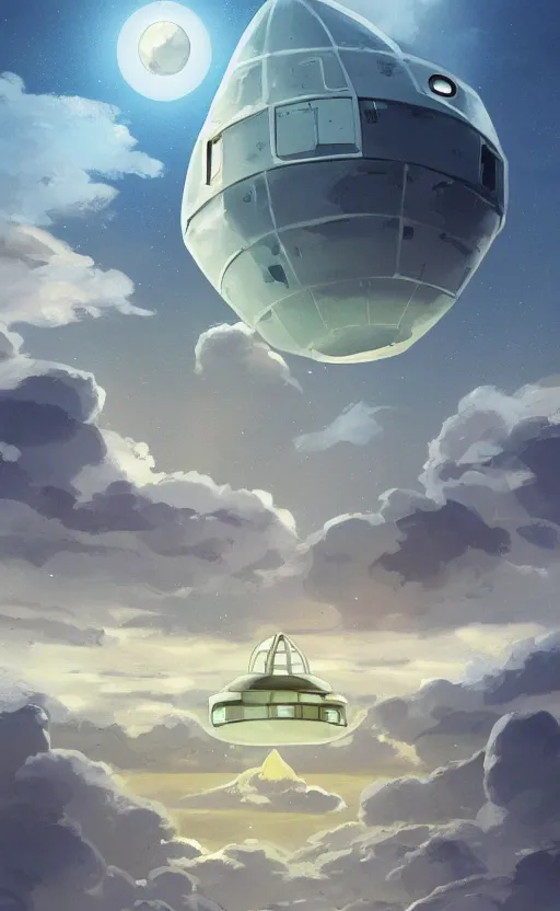 Image similar to an asymmetrical cell - shaded studio ghibli concept art study of a huge silver cube ufo in the sky. an elegant alien is on the ground. very dull colors,, hd, 4 k, hq