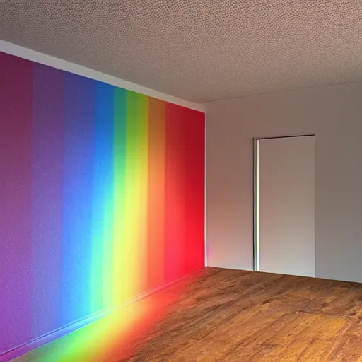 Prompt: flash image of rainbow forming in a small empty room