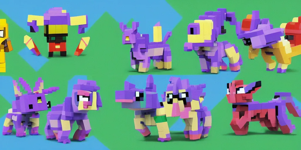 Image similar to tiny creature made of one brick, four legged, big cute eyes, quadrupedal, cute looking, kawaii, sharp focus, character, game concept art, blocky, lego mixels, flat toon style like katamari damacy inspired, pokemon inspired, blocky like minecraft