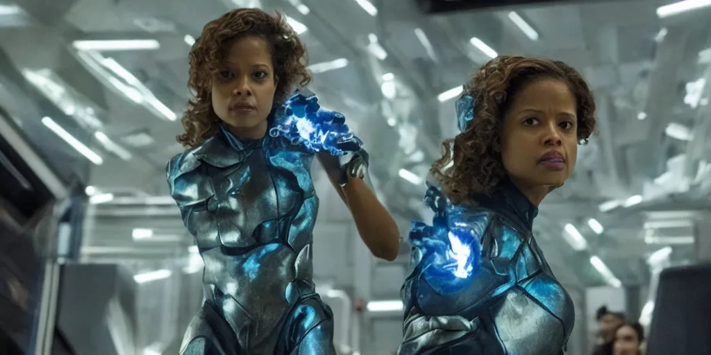 Image similar to wide angle movie stills of gugu mbatha - raw as sue storm in fantastic four movie using her iridescent particles force field powers while battling doctor doom, and an army of shapeshifter lizard like humanoids called the skrulls