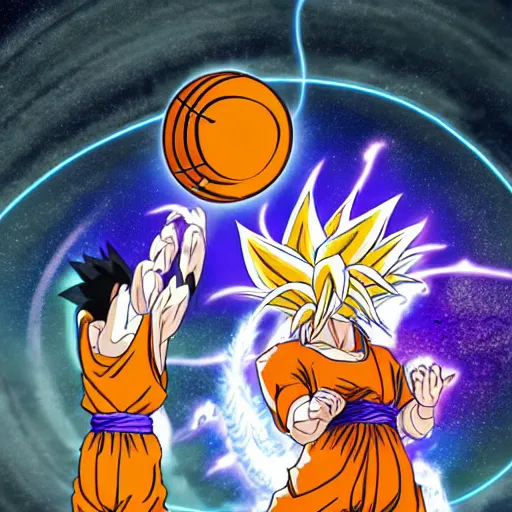 Prompt: drip trap goku summoning shenron but the dragon balls are basketballs