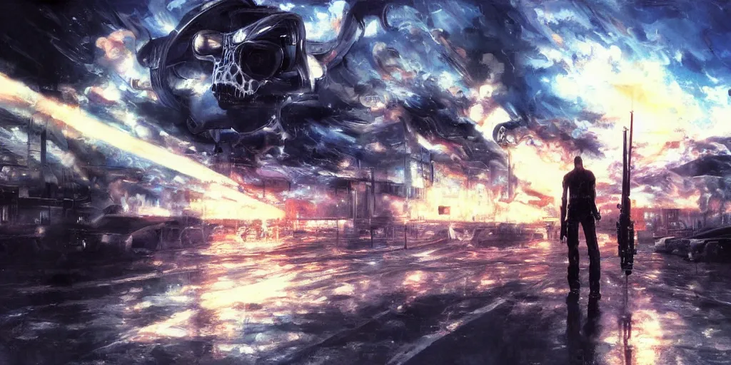 Image similar to terminator ; the most beautiful painting in the world ; by makoto shinkai