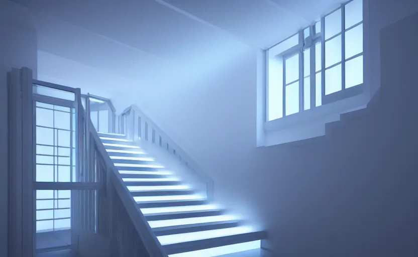 Image similar to stairs with soft blue lights in the roof, octane render, artstation trending, highly detailded