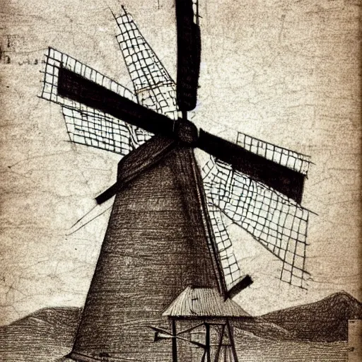 Image similar to old pencil sketch by leonardo davinci of a windmill, detailed technical sketch, anotation, quotes, monochromatic, sepia tones, old paper