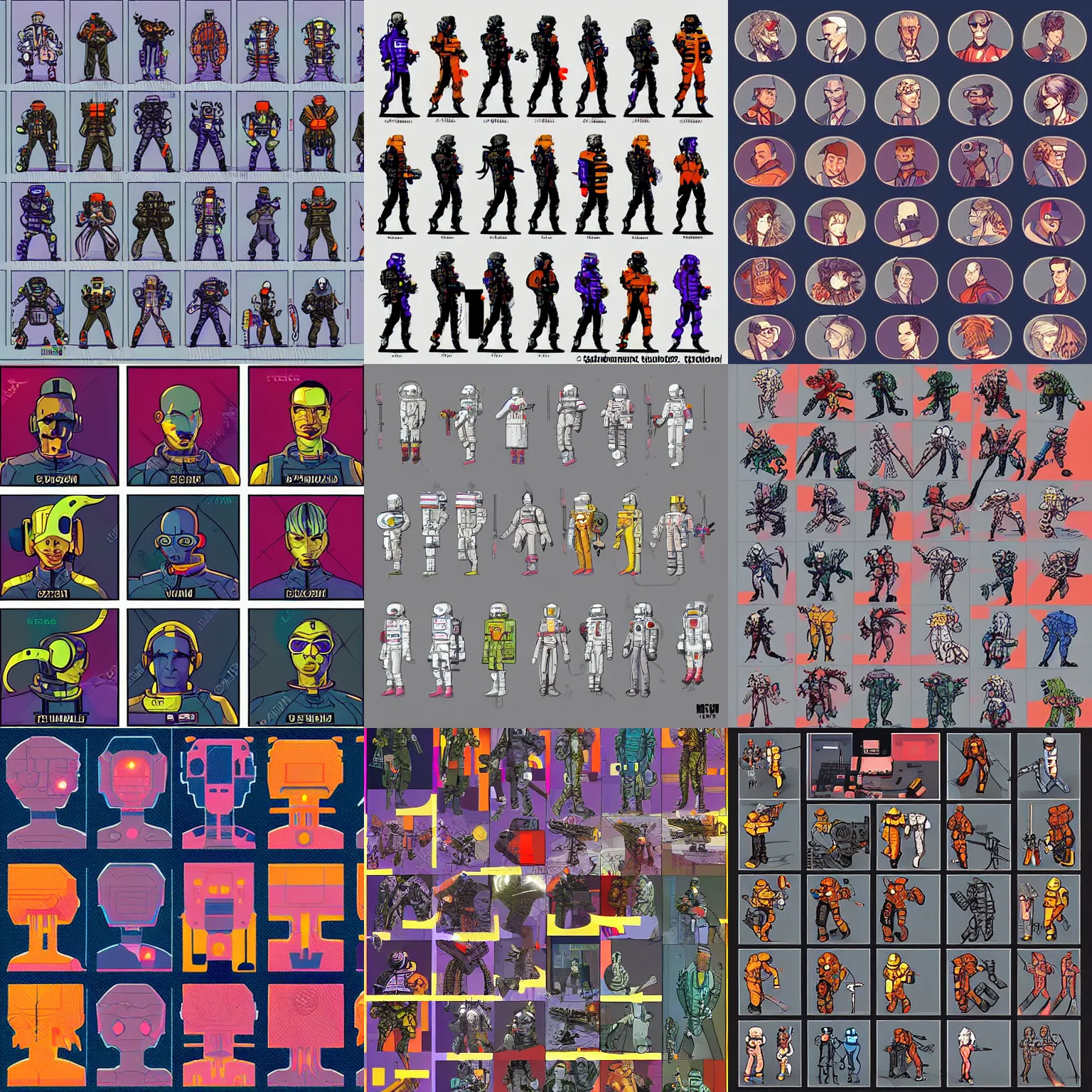 Prompt: 2x2 collection of highly stylized cyberpunk astronauts characters by moebius, character concept art, character modeling, each sprite is a different character, science fiction, rich colors