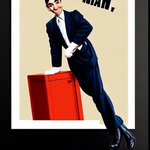 Prompt: mr. bean as a male pinup. male pin - up poster.