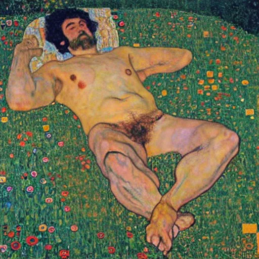 Image similar to a man laying in the sun, full body, Gustav Klimt painting