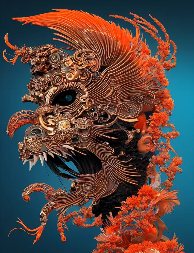 Image similar to 3 d goddess close - up profile portrait biomechanics with ram skull. beautiful intricately detailed japanese crow kitsune mask and clasical japanese kimono. betta fish, jellyfish phoenix, bio luminescent, plasma, ice, water, wind, creature, artwork by tooth wu and wlop and beeple and greg rutkowski. gold black teal and orange color scheme